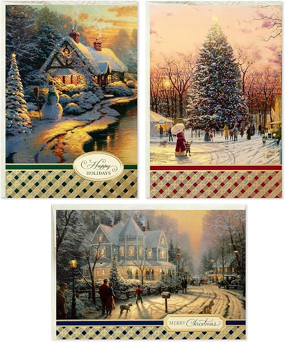 Hallmark Thomas Kinkade Noel kartı çeşitleri, karlı sahneler (3 tasarım, zarflı 24 kart)