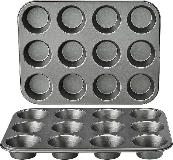 Amazon Basics 2 Pcs Carbon Steel Round Non Slip Muffin Baking Trays, Grey, 35.3 x 27 x 3 cm