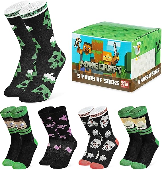 Minecraft Boys Socks 3 Pack or 5 Pack - Cotton-Rich Crew Kids Ankle Socks Everyday School Sports - Gaming Gifts for Boys (Black/Multi, 7-10 Years,12.5-3.5 UK)