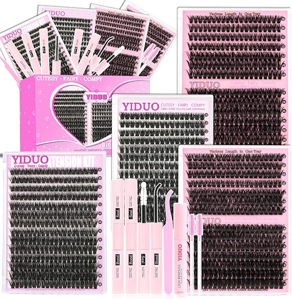 YIDUO 4 Styles Lash Clusters Kit 60D+80D+100D+150D Fluffy Clusters Lashes Extensions Kit with 2 Bond and Seal 10-18mm Wispy D Curly Full DIY Individual Eyelash Extensions Kit DIY at Home Easily