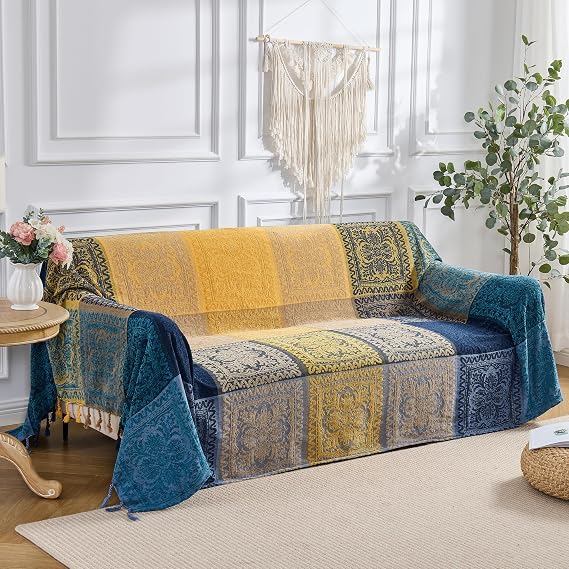DECMAY Chenille Jacquard Boho Throw Blanket with Tassels, Throw for 2 3 4 Seater Sofa, Tartan Blankets and Throws for Bedspreads Armchairs Furniture Bed Throw (Blue Yellow, 220 x 260 cm)