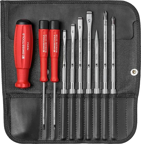 PB Swiss Tools Screwdriver Rollup Pouch Set PB 8215.CBB | 100% Swiss Made | with Handle, 2 Precision Screwdriver and 7 Interchangeable Blades