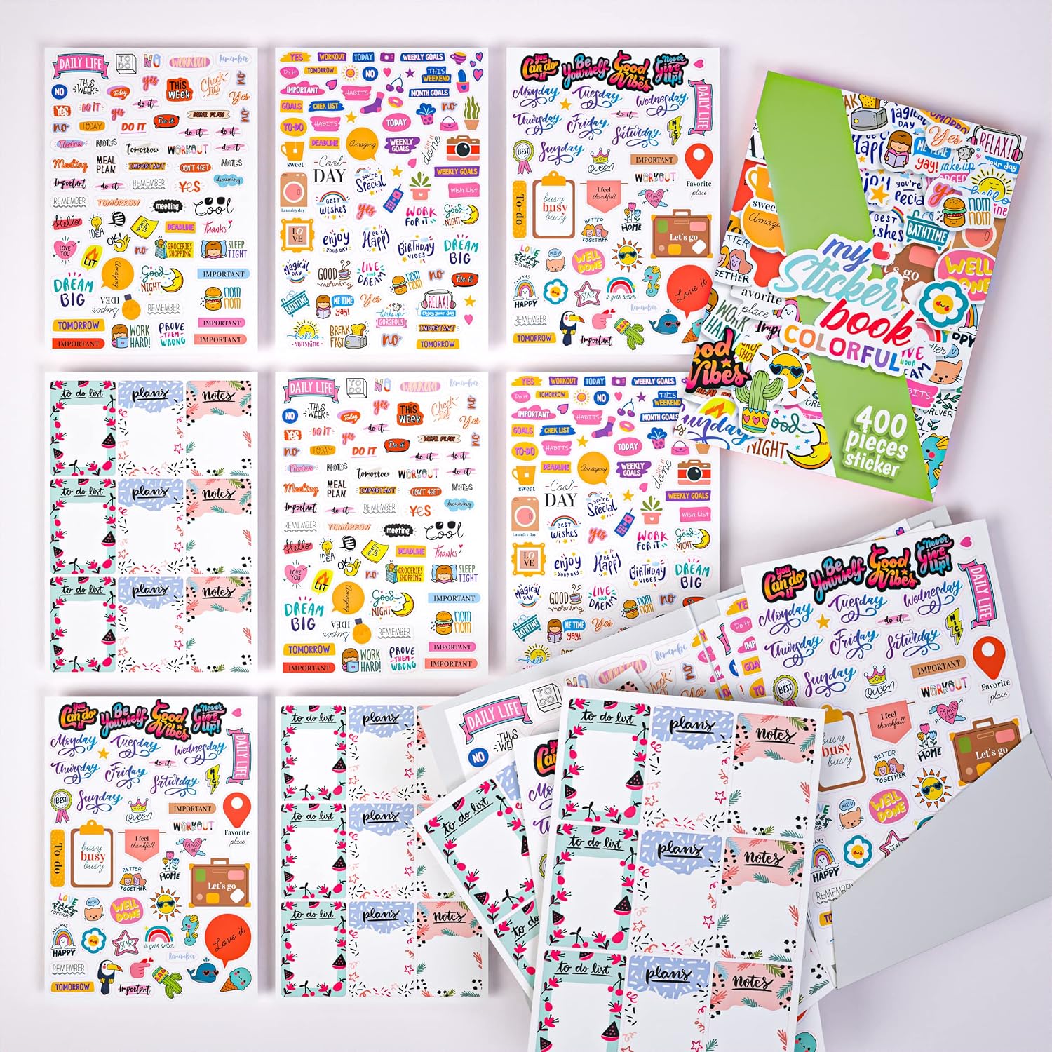 colortouch Sticker Set - Kızlar, Gençler ve Yetişkinler için 400 Adet Çıkartma Seti - Scrapbook Sticker Kitabı - Laptop, Günlük, Ajanda ve Planner için Bullet Journal Sticker Koleksiyonu