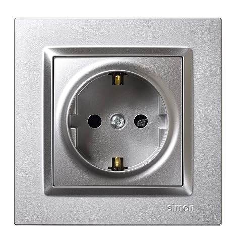Simon – Schuko Plug – Simon 10, 250 V, 16 A, Flat and Thin Wall Plug, Easy to Install, Includes Frame, Cover and Mechanism, Aluminium Coloured Female Socket Base