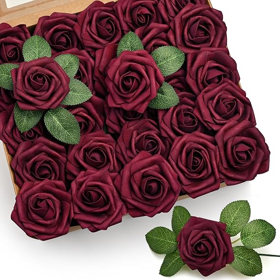 Mocoosy 50Pcs Artificial Flowers Rose, Burgundy Fake Roses for Decorations, Real Touch Foam Rose Bulk with Stems for DIY Wedding Bouquets Bridal Shower Centerpieces Party Home Decor