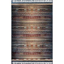Prateeksha Modern Lacivert Kadife Kaymaz Makinede Yıkanabilir Halılar Oturma Odası Yatak Odası Koridor Boho Fas Yumuşak Nötr Vintage Görünüm Geometrik Bohem Halı İç Mekan Katlanabilir Kaymaz Alan