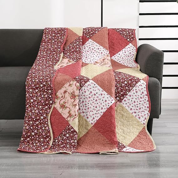 Qucover Quilted Bedspread Single 150x200cm Red Patchwork Quilt All Season
