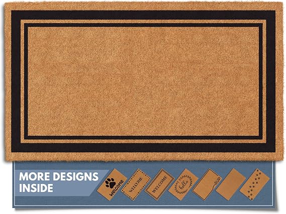 Barnyard Designs Natural Coco Coir Heavy Duty Backing Doormat - Large Cute Non-Slip Front Door Welcome Mat for Outside Entrance or Porch Entry, Brown (Border / 17" x 30")