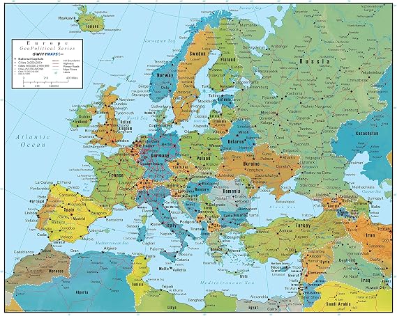 Europe Wall Map Laminated GeoPolitical Edition by Swiftmaps A2 (42cm x 60cm)