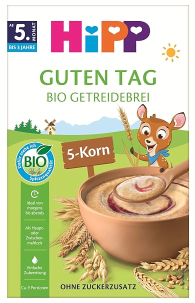HiPP Guten Tag Organic Grain Porridge 5 Grain (7 x 200 g) Baby Porridge from 5 Months No Added Sugar Dairy Free with Vitamin B1 Easy Preparation